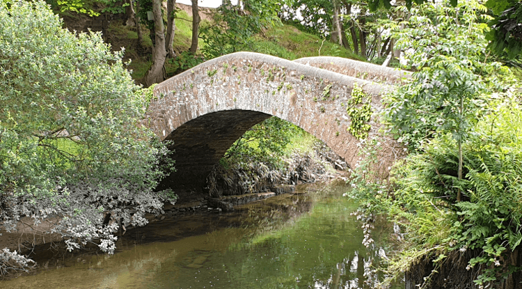 Drigg Packhorse Bridge spans a glossy river